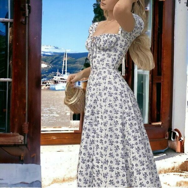 Y2K Floral Print Square Neck Puff Sleeve Maxi Dress