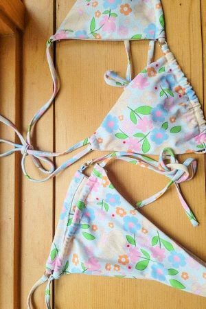 Y2K Floral Print Triangle Bikini Top - Pastel Streetwear Aesthetic