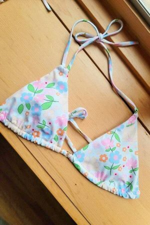 Y2K Floral Print Triangle Bikini Top - Pastel Streetwear Aesthetic