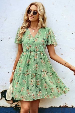 Y2K Floral Print V-Neck Short Sleeve Streetwear Dress