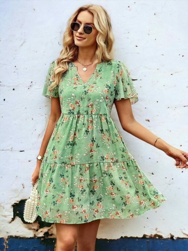 Y2K Floral Print V-Neck Short Sleeve Streetwear Dress