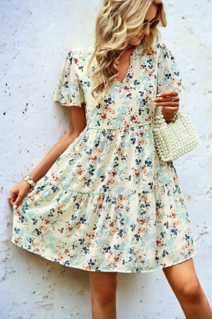 Y2K Floral Print V-Neck Short Sleeve Streetwear Dress