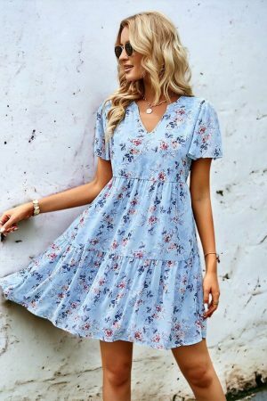 Y2K Floral Print V-Neck Short Sleeve Streetwear Dress