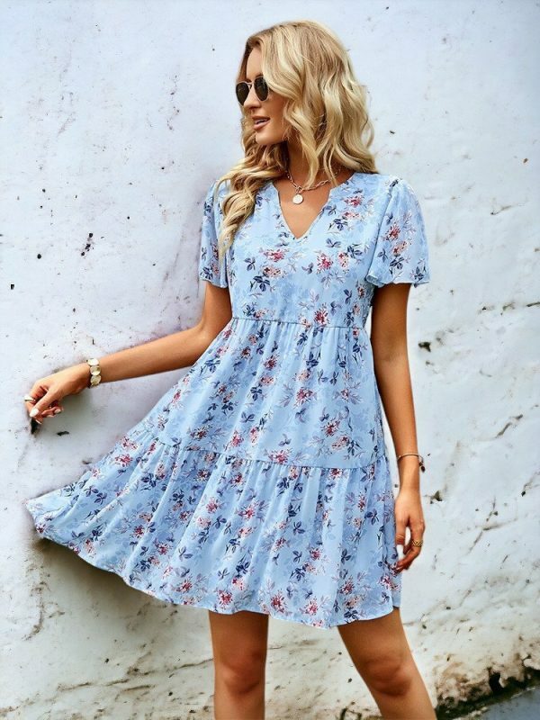 Y2K Floral Print V-Neck Short Sleeve Streetwear Dress