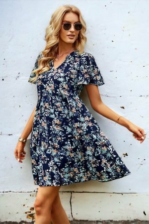 Y2K Floral Print V-Neck Short Sleeve Streetwear Dress