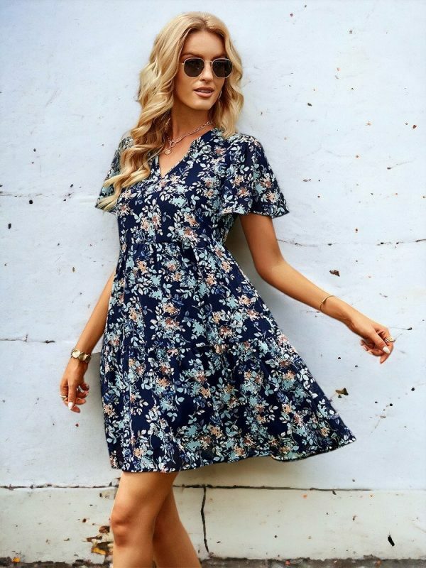 Y2K Floral Print V-Neck Short Sleeve Streetwear Dress