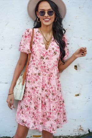 Y2K Floral Print V-Neck Short Sleeve Streetwear Dress