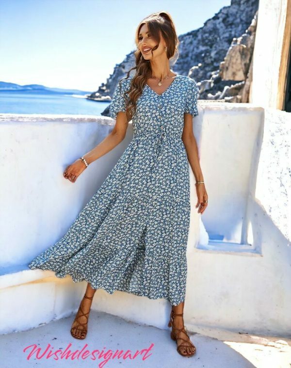 Y2K Floral Print Vintage Long Summer Dress for Women - Bohemian Beach Sundress