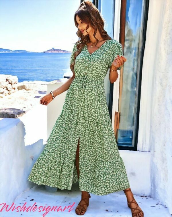 Y2K Floral Print Vintage Long Summer Dress for Women - Bohemian Beach Sundress