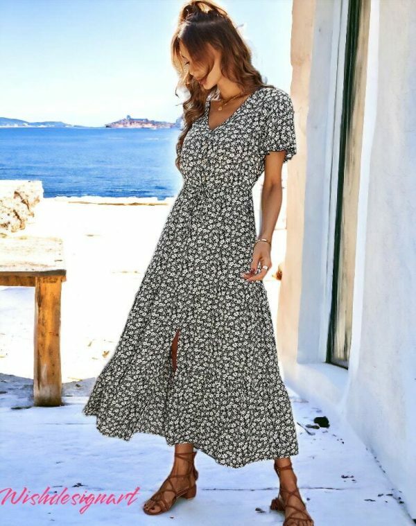 Y2K Floral Print Vintage Long Summer Dress for Women - Bohemian Beach Sundress