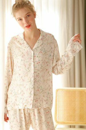 Y2K Floral Print Viscose Pajama Set - Streetwear Sleepwear for Women