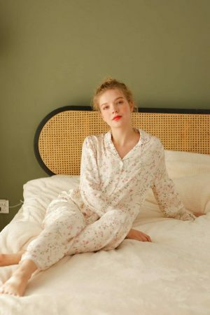 Y2K Floral Print Viscose Pajama Set - Streetwear Sleepwear for Women