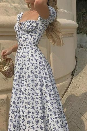 Y2K Floral Puff Sleeve Midi Dress with Side Split