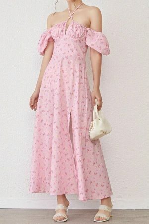 Y2K Floral Puff Sleeve Midi Dress with Side Split