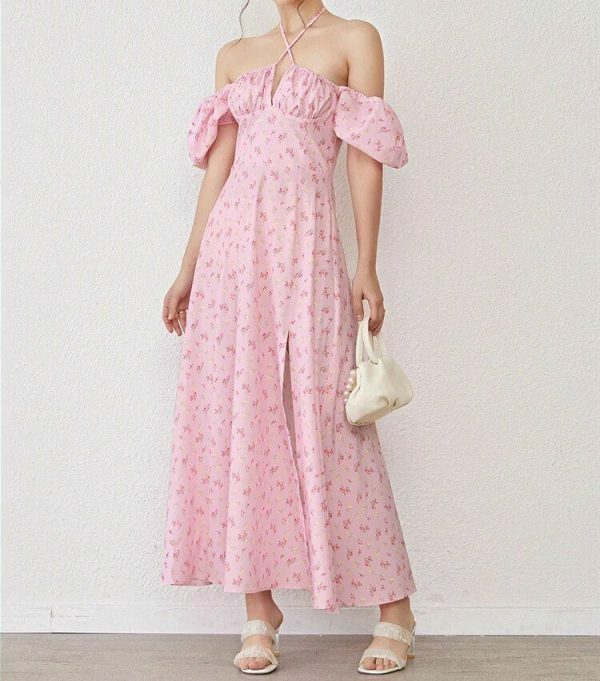 Y2K Floral Puff Sleeve Midi Dress with Side Split