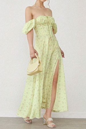 Y2K Floral Puff Sleeve Midi Dress with Side Split