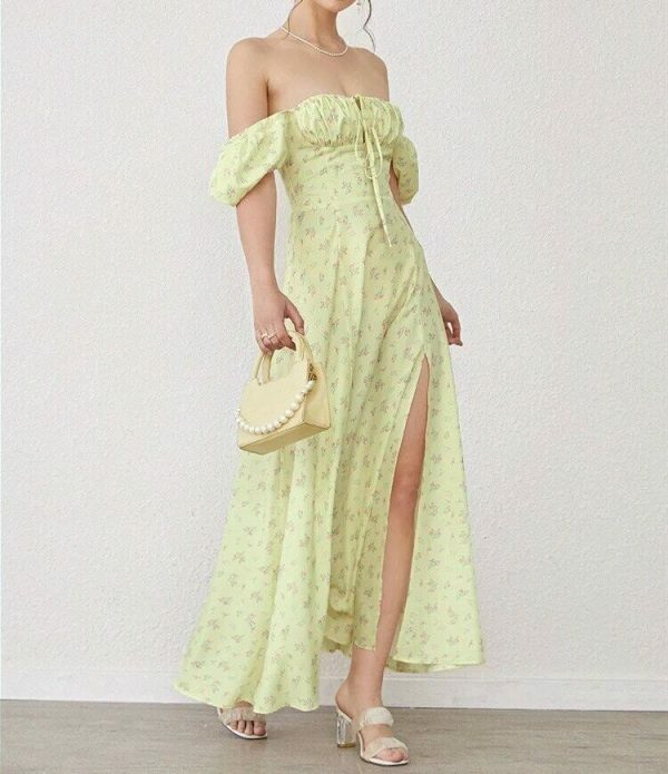 Y2K Floral Puff Sleeve Midi Dress with Side Split