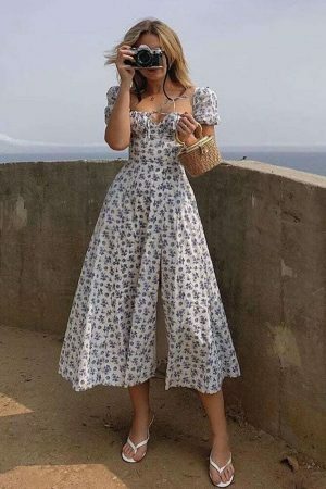 Y2K Floral Puff Sleeve Midi Dress with Side Split