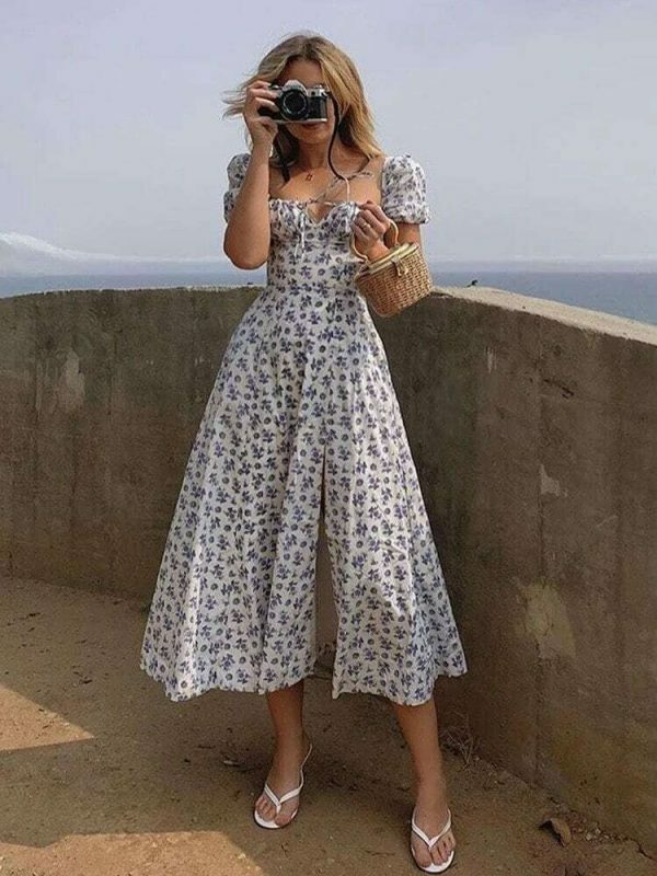 Y2K Floral Puff Sleeve Midi Dress with Side Split