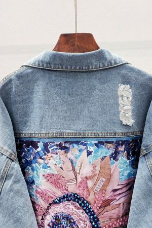 Y2K Floral Sequin Denim Long Sleeve Vintage Streetwear Top