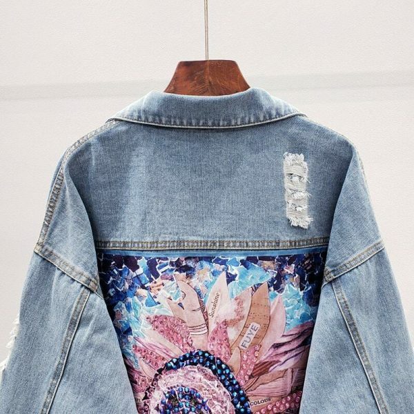 Y2K Floral Sequin Denim Long Sleeve Vintage Streetwear Top