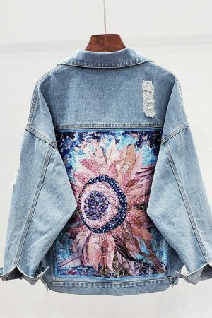 Y2K Floral Sequin Denim Long Sleeve Vintage Streetwear Top