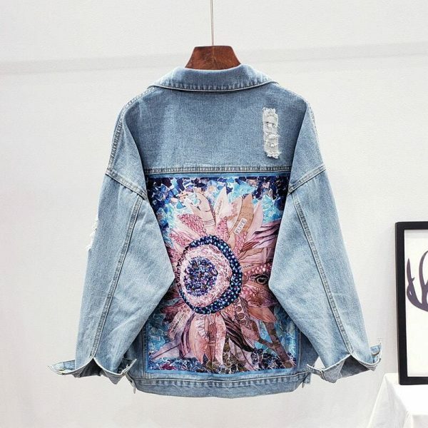 Y2K Floral Sequin Denim Long Sleeve Vintage Streetwear Top