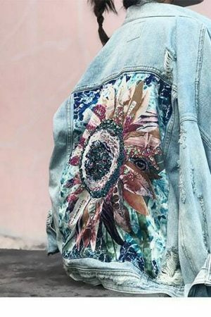 Y2K Floral Sequin Denim Long Sleeve Vintage Streetwear Top