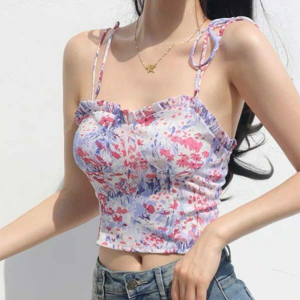 Y2K Floral Tie Strap Corset Tank Top, Lilac Pink Aesthetic Vest