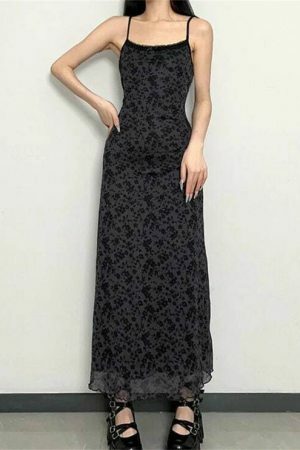 Y2K Flower Print Mesh Sleeveless Long Dress - Retro Grunge Aesthetic