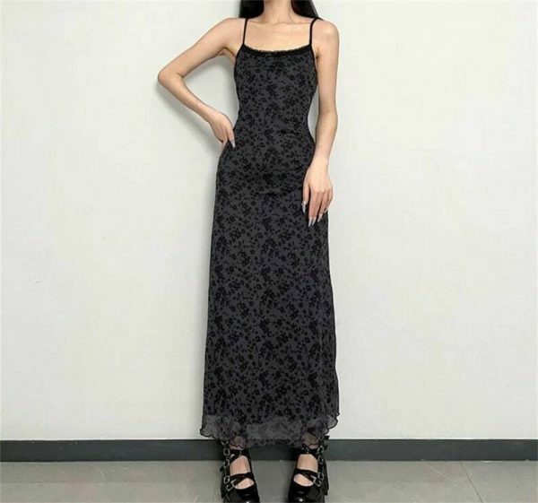 Y2K Flower Print Mesh Sleeveless Long Dress - Retro Grunge Aesthetic