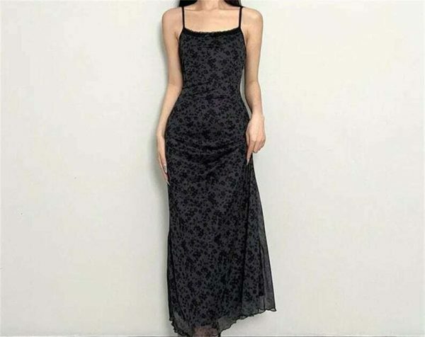 Y2K Flower Print Mesh Sleeveless Long Dress - Retro Grunge Aesthetic