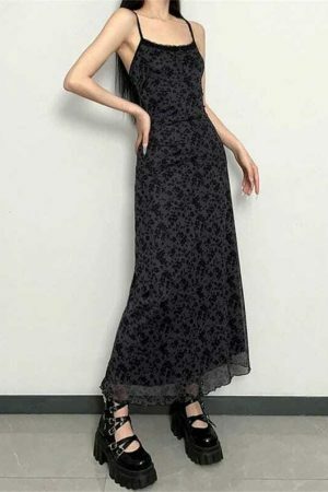 Y2K Flower Print Mesh Sleeveless Long Dress - Retro Grunge Aesthetic