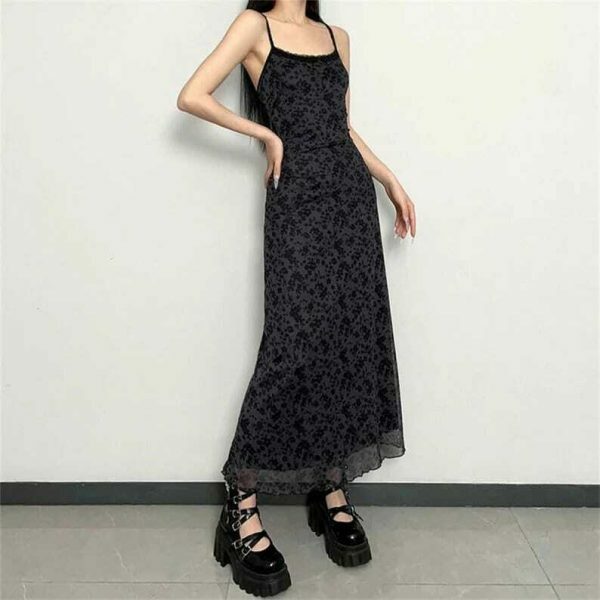 Y2K Flower Print Mesh Sleeveless Long Dress - Retro Grunge Aesthetic