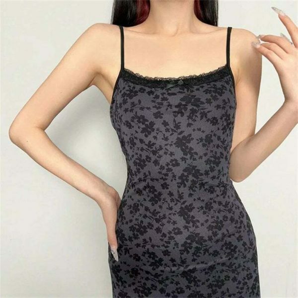 Y2K Flower Print Mesh Sleeveless Long Dress - Retro Grunge Aesthetic