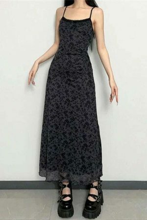 Y2K Flower Print Mesh Sleeveless Long Dress - Retro Grunge Aesthetic