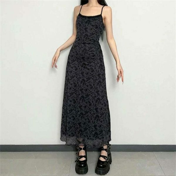 Y2K Flower Print Mesh Sleeveless Long Dress - Retro Grunge Aesthetic