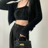 Y2K Fluffy Noir Black Knit Crop Cardigan Set with Cami Top