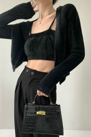 Y2K Fluffy Noir Black Knit Crop Cardigan Set with Cami Top