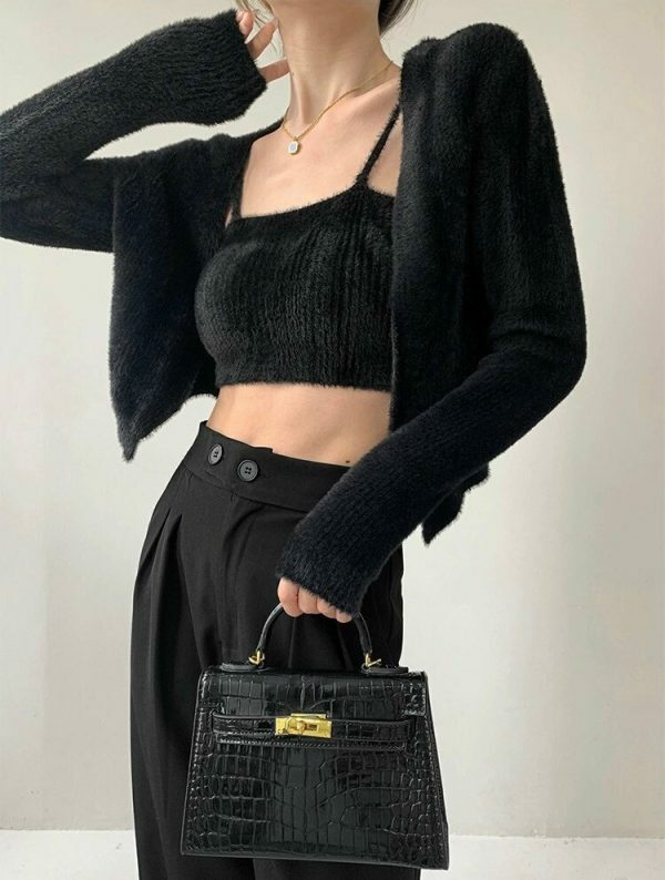 Y2K Fluffy Noir Black Knit Crop Cardigan Set with Cami Top