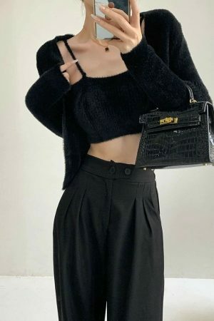 Y2K Fluffy Noir Black Knit Crop Cardigan Set with Cami Top