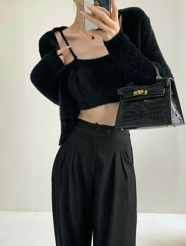 Y2K Fluffy Noir Black Knit Crop Cardigan Set with Cami Top