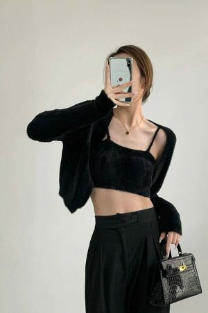 Y2K Fluffy Noir Black Knit Crop Cardigan Set with Cami Top