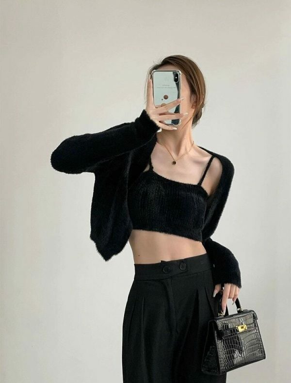 Y2K Fluffy Noir Black Knit Crop Cardigan Set with Cami Top