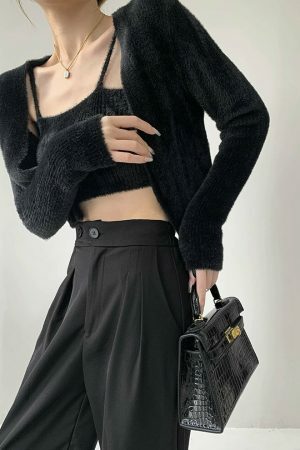 Y2K Fluffy Noir Black Knit Crop Cardigan Set with Cami Top