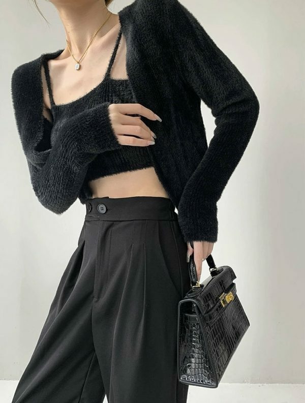 Y2K Fluffy Noir Black Knit Crop Cardigan Set with Cami Top