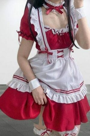 Y2K French Maid Costume Dress with Choker and Garters