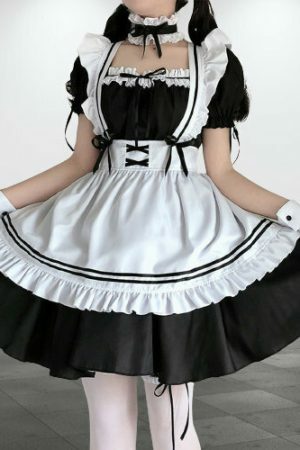 Y2K French Maid Costume Dress with Choker and Garters