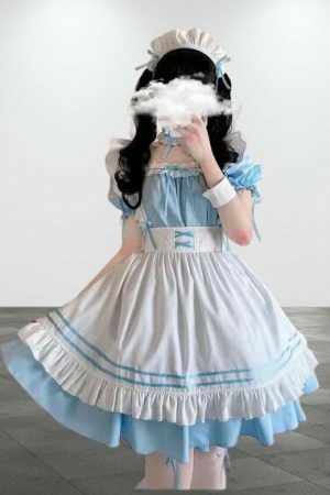 Y2K French Maid Costume Dress with Choker and Garters