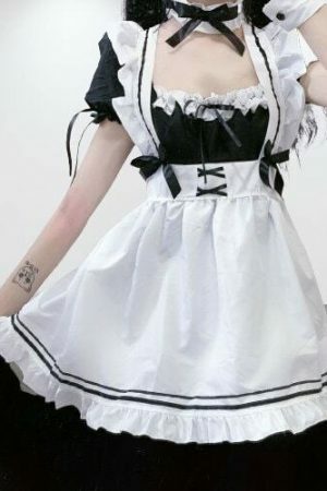 Y2K French Maid Costume Dress with Choker and Garters